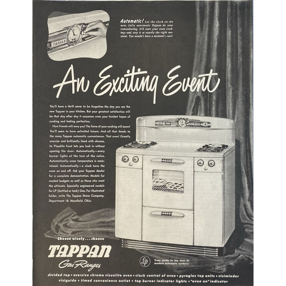 TAPPAN Automatic Gas Range "Let the clock do your remembering" Print Ad 1948